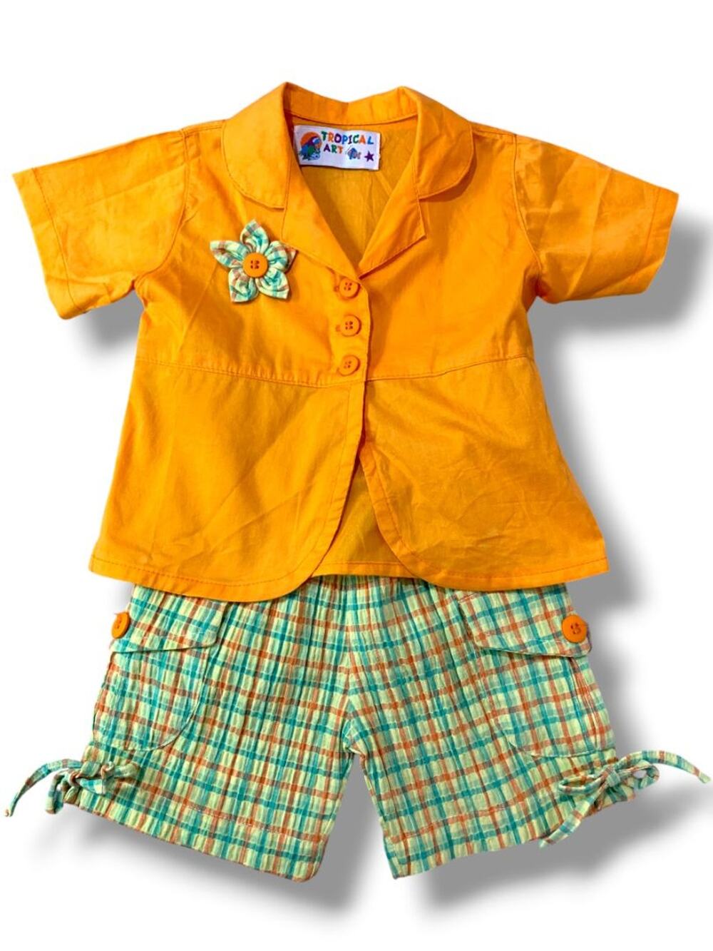 Size 9 Months Tropical Art Infant Girls Summer Outfit Shirt Shorts Vintage